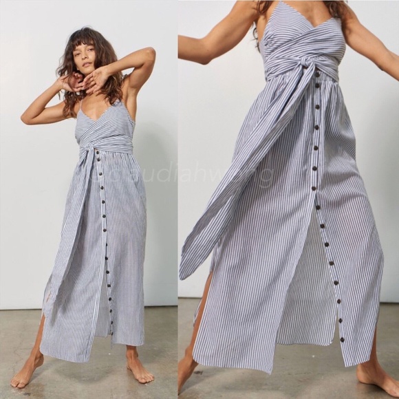 MARA HOFFMAN Striped Wrap Maxi Slip Dress in White Black